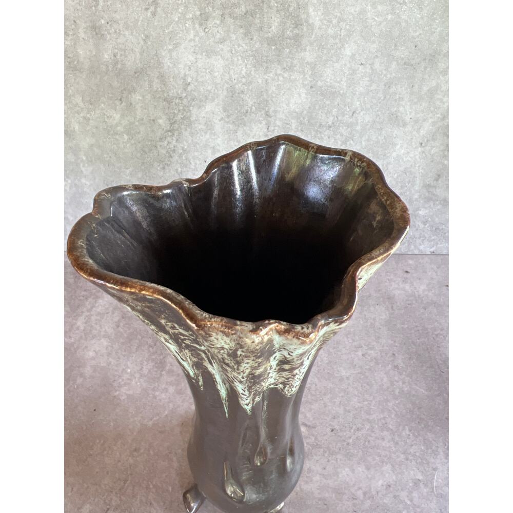 Mid century modern Metallic drip glaze ceramic large footed vase vintage unique - Picture 6 of 12